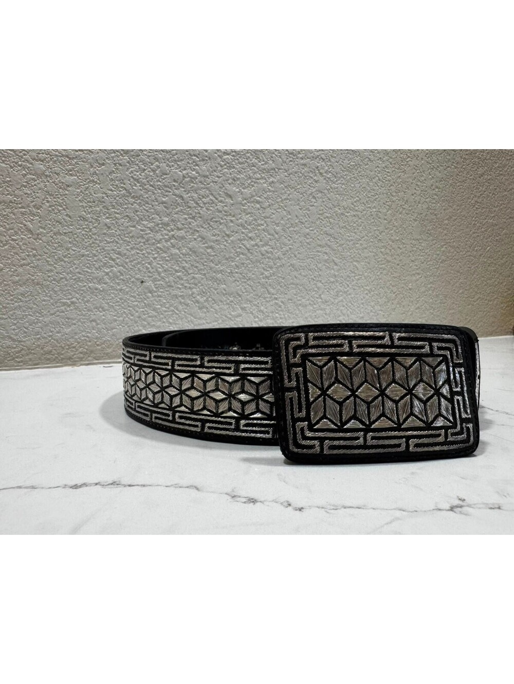 Pitiado Belt Silver Thread Charro Size 36 Black Geometric